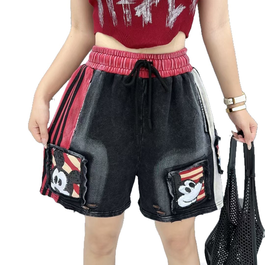 European Station 2025 Summer New Washed Denim Elastic Waist Wide Legs Hot Diamond Versatile Casual Shorts Hot Pants Trendy Brand European Station 2025 Summer New Washed Denim Elastic Waist Wide Legs Hot Diamond Versatile Casual Shorts Hot Pants Trendy Brand