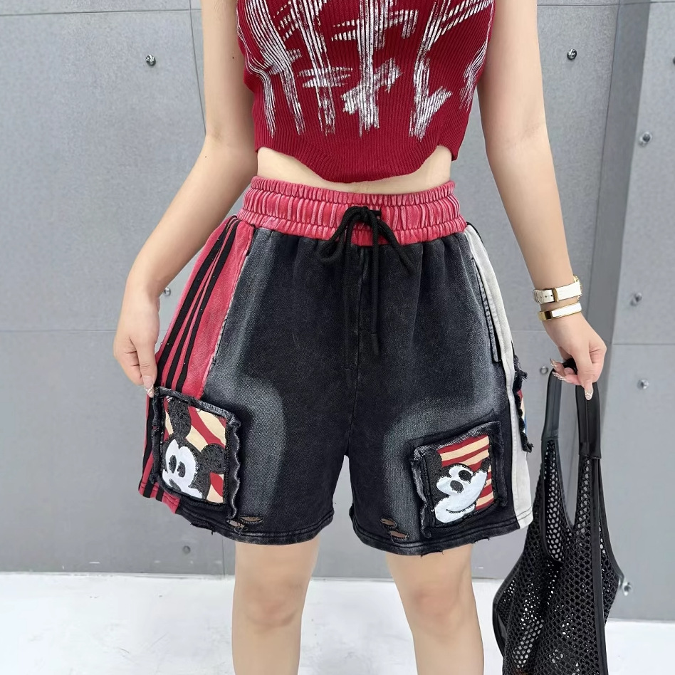 European Station 2025 Summer New Washed Denim Elastic Waist Wide Legs Hot Diamond Versatile Casual Shorts Hot Pants Trendy Brand