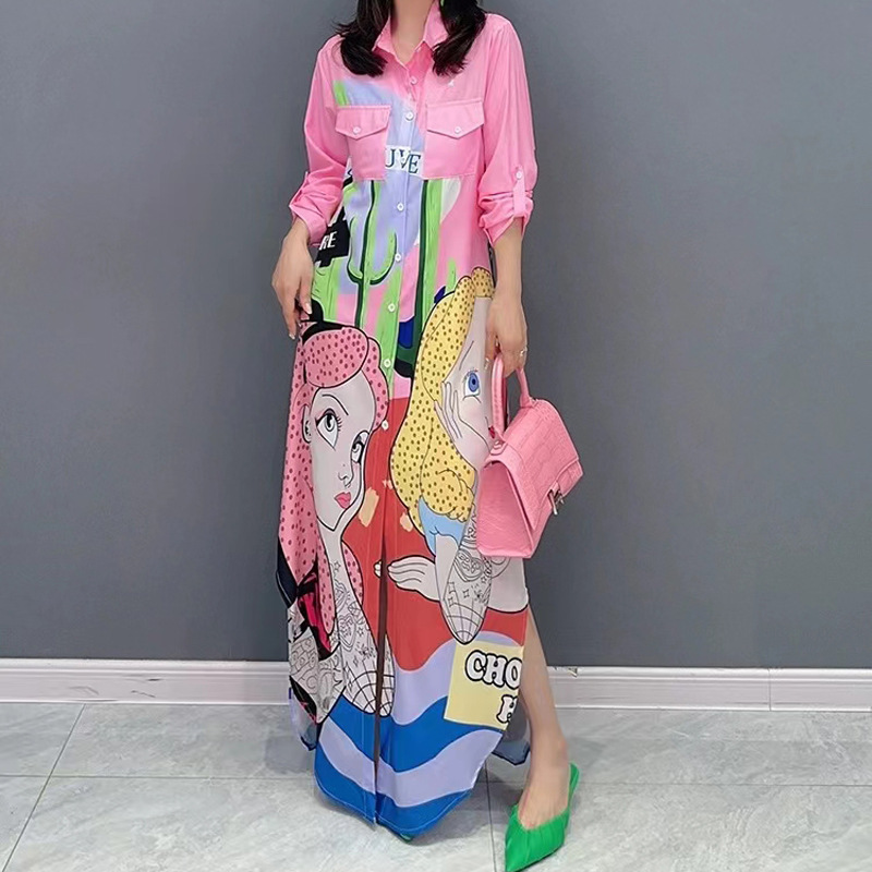 Thailand Chaopai 2024 spring summer new Korean style temperament POLO collar printed shirt dress Western thin women's dress