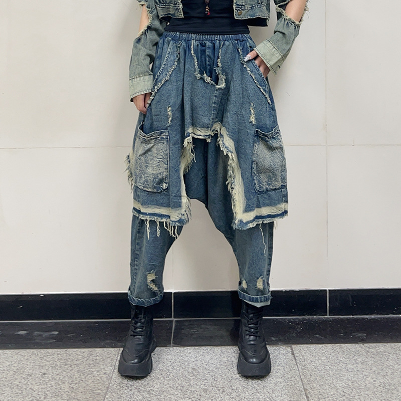 Street fashion brand 2024 autumn new personalized hip-hop jeans for women with elastic waist and loose pockets, hanging crotch pants