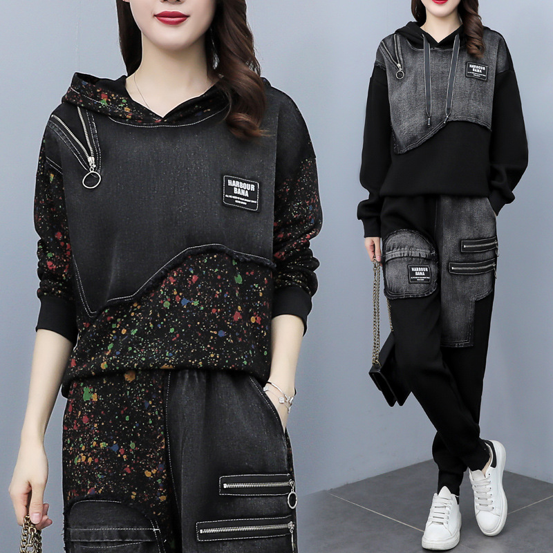 European Station 2023 Spring and Autumn New Fashion Set Women's Splicing Cowboy Hoodie Pants Two Piece Set Trendy Brand