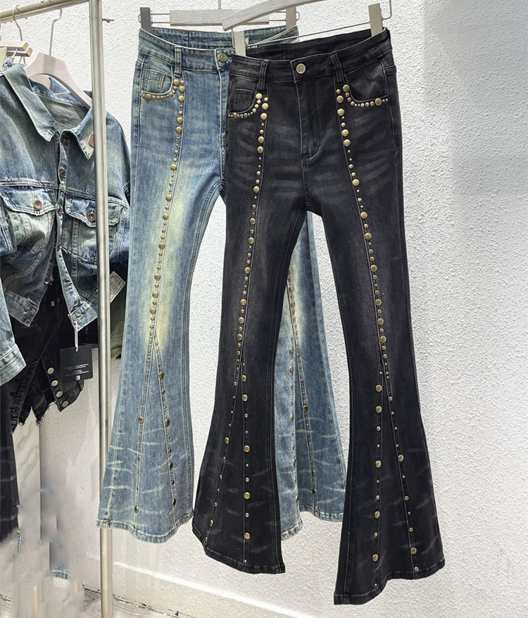Retro hip-hop denim bell bottom pants 2023 new washed and distressed metal rivet thin elastic high waisted jeans