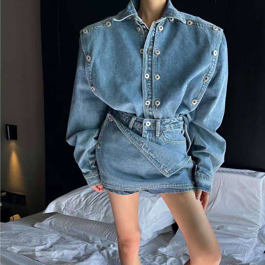 South Korea 2023 early autumn new loose heavy button detachable denim jacket high waist slimming skirt pants set for women's fashion South Korea 2023 early autumn new loose heavy button detachable denim jacket high waist slimming skirt pants set for women's fashion