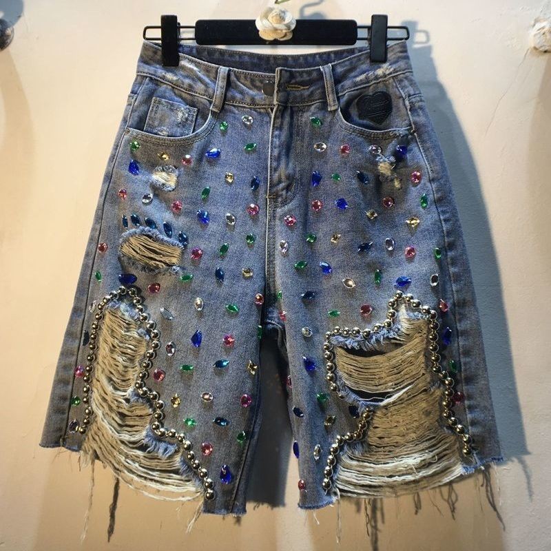 2023 Heavy Industry Diamond studded Nail Bead High waisted Cowboy Shorts for Women's Summer New Style, Slim fit, Versatile, Piercing, Tassel Hot Pants Trend
