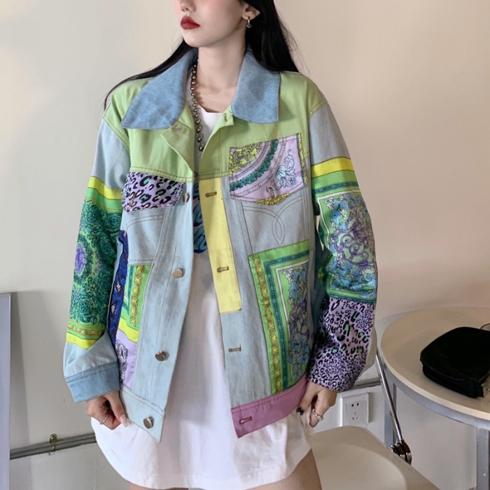 Thailand Chaopai Spring and Autumn 2021 Design Sense Pattern Splicing Denim Coat Fashion Short Jacket Cross border Women's Wear
