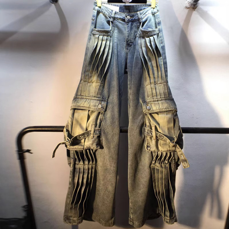 European station 2025 Spring and Autumn new pleated design, high waist slimming work pants, straight leg denim pants, women's trendy brand