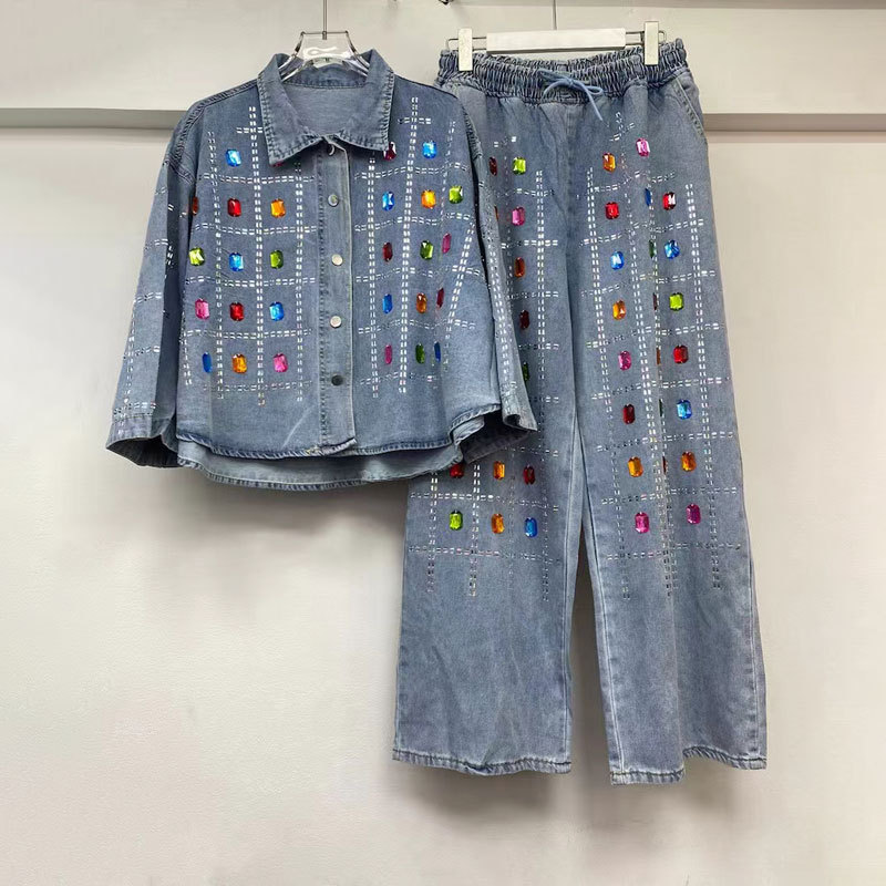 European niche design sense 2025 spring new denim suit women's heavy industry diamond inlaid jacket straight leg pants two-piece set