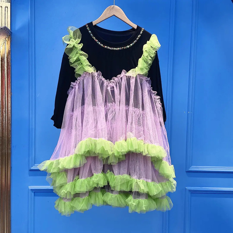 Thailand Chaopai 2024 Summer New T-shirt Women's Combination Mesh Dress Fake Two Pengpeng Skirt Nail Drill Large Dress