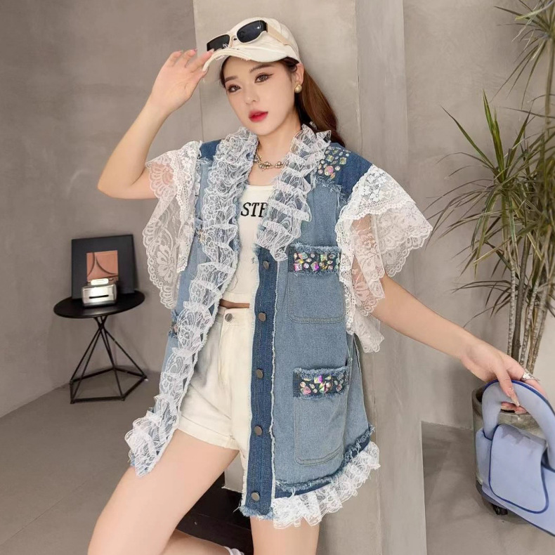 Design sense heavy industry diamond studded V-neck denim vest women's summer new loose lace ruffled sleeveless jacket top