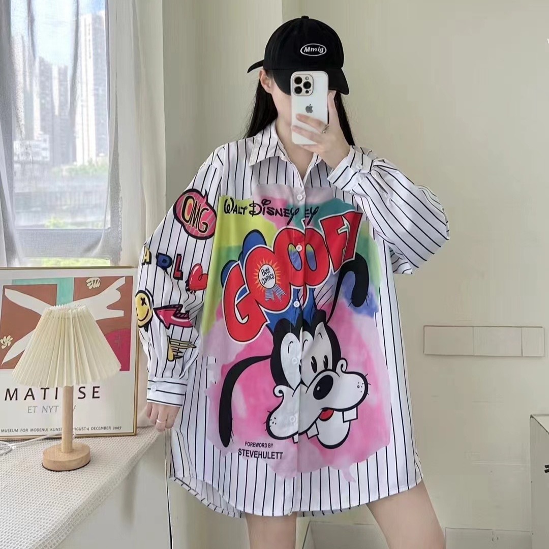 European Station 2023 Autumn New Cartoon Loose Printed Cardigan Shirt, Western Style Shirt, Women's Medium to Long Style Trendy Brand