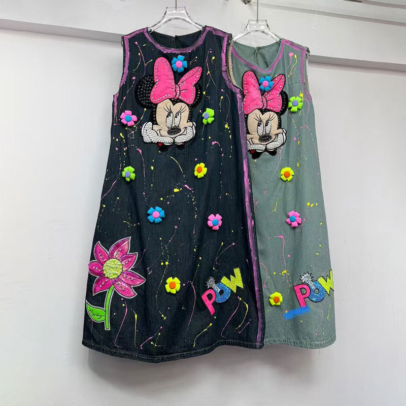 Thailand Fashion Brand 2025 Summer New Women's Denim Dress Loose Large Cartoon Bead Graffiti Dress Fashion
