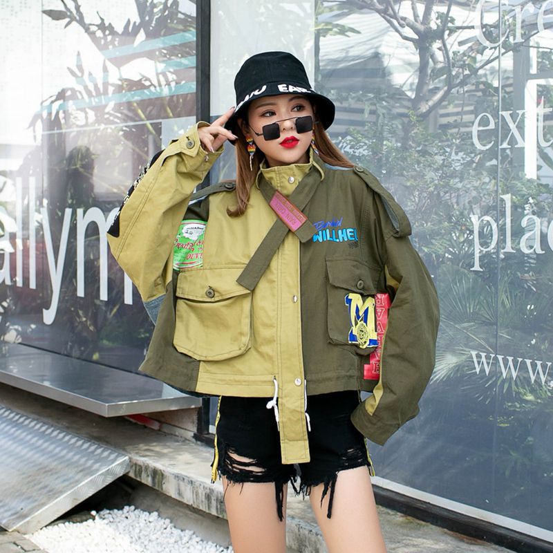 Thailand Chaopai Letter Embroidery Stand Collar Short bf Unisex Bomber Jersey Splice Color Contrast Workwear Coat Women's Spring and Autumn