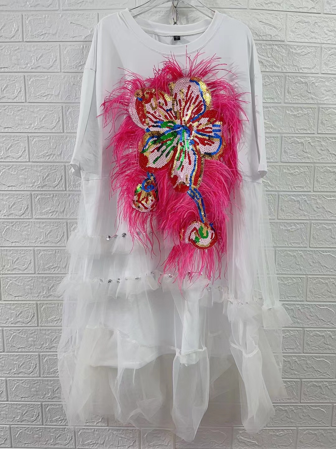 Thailand Chaopai 2023 Summer New Style Beaded Embroidery Sequins Flower Splicing Mesh Loose T-shirt Dress Women