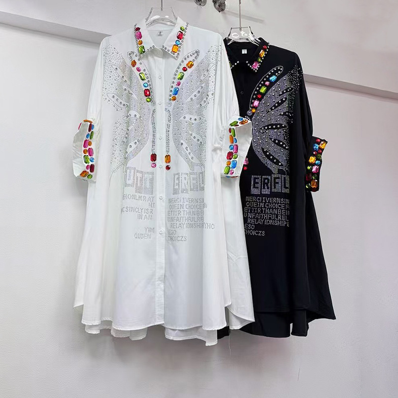 European station niche design sense 2025 summer new women's shirt loose large size hot diamond long shirt slimming fashion trend