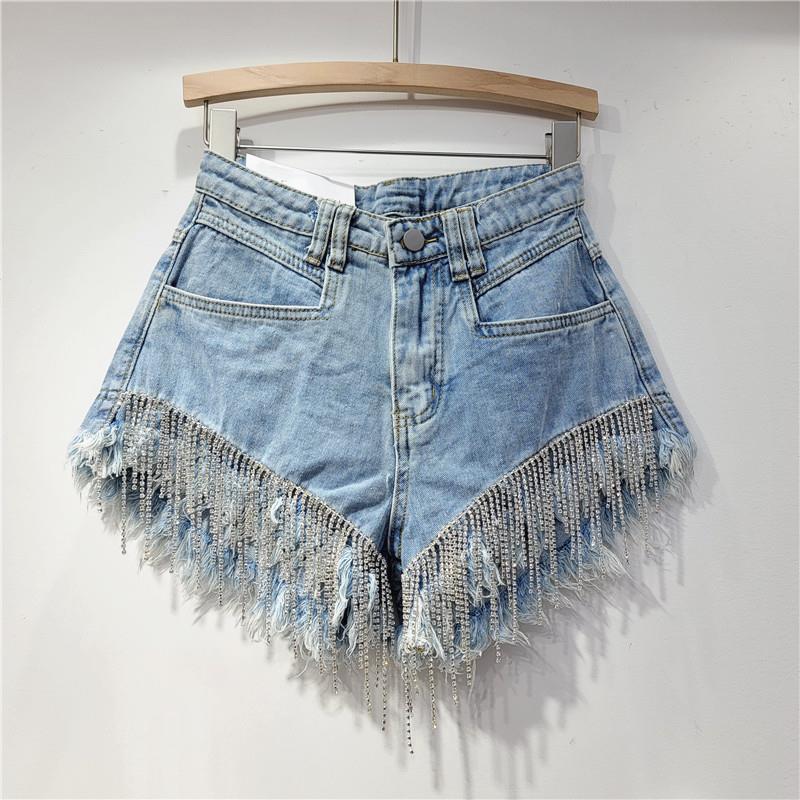 European Station 2023 Spring/Summer New Collection: Broken Hole High Waist Water Diamond Tassel Chain, Slim Fit and Slim Straight Tube Denim Shorts for Women European Station 2023 Spring/Summer New Collection: Broken Hole High Waist Water Diamond Tassel Chain, Slim Fit and Slim Straight Tube Denim Shorts for Women