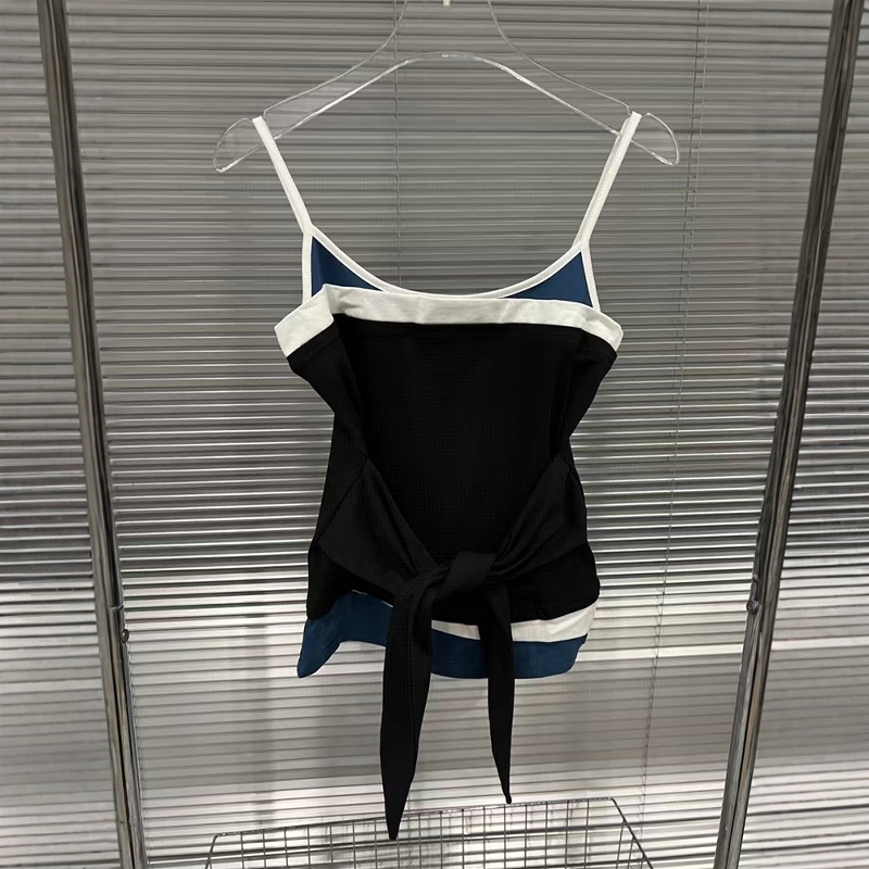 European 2025 Spring/Summer New Style French Retro Color Contrasting Splicing Strap Top Women's Slimming Short Sleeve T-shirt Two Piece Set European 2025 Spring/Summer New Style French Retro Color Contrasting Splicing Strap Top Women's Slimming Short Sleeve T-shirt Two Piece Set