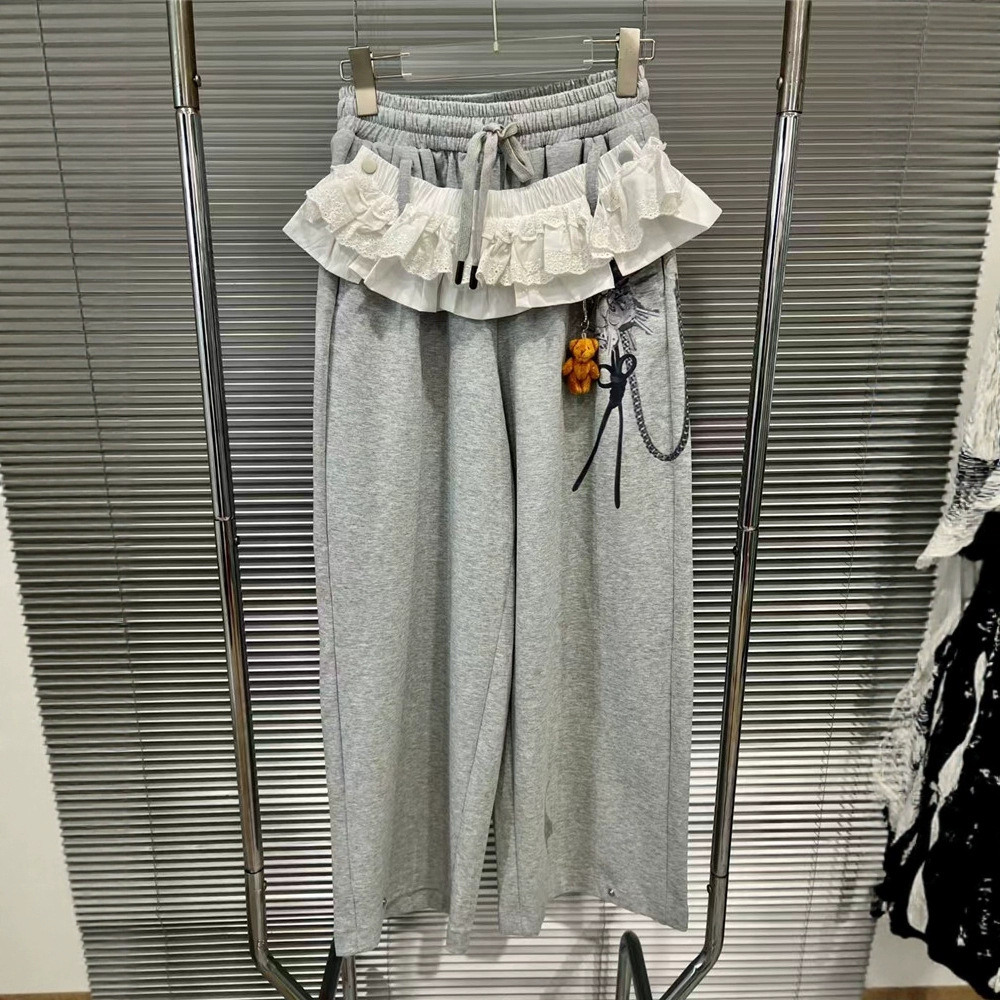 European Station 2025 Autumn New Sweet Cool Spicy Girl Folded Skirt Edge Printed Pendant Loose Waist Pants Wide Leg Pants Trendy