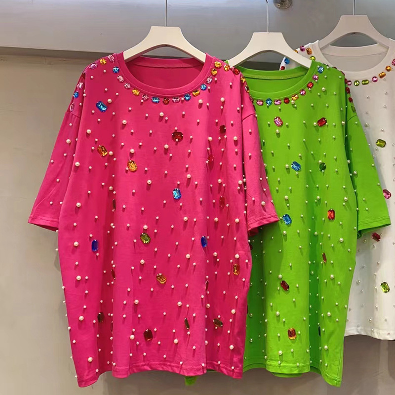 Thailand Fashion 2024 New Heavy Industry Bead studded Diamond Versatile Slim Round Neck Short Sleeve T-shirt Women's Medium Long Top