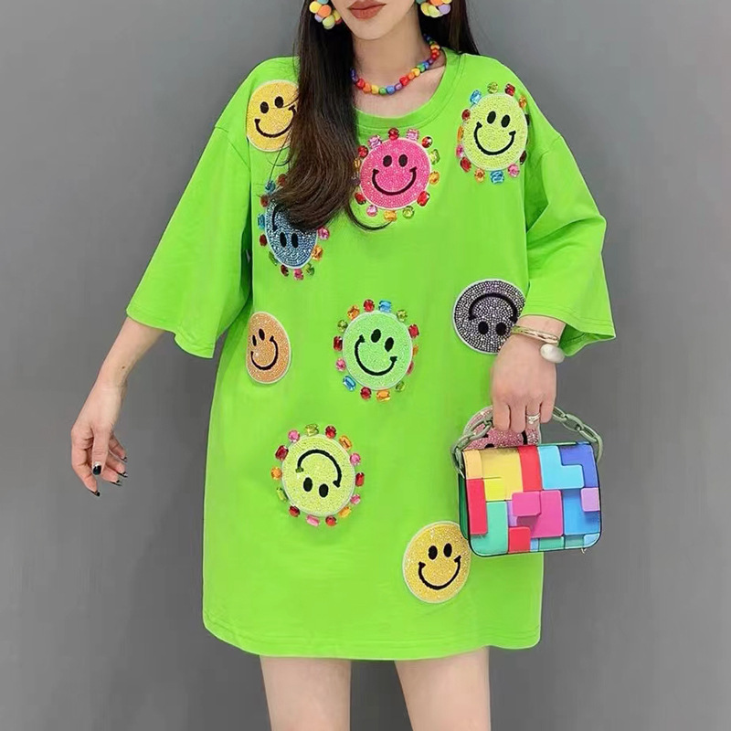 European Station 2024 Summer New Diamond Inlaid Heavy Industry T-shirt Women's Medium Long Short Sleeve Round Neck Printed Fashionable Loose Casual