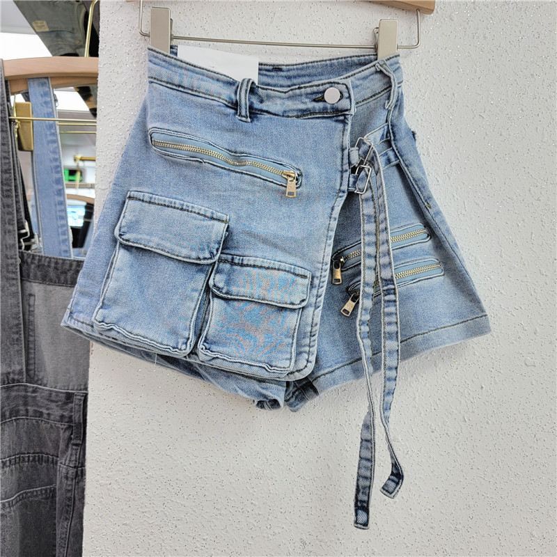 Korean irregular multi pocket workwear A-line shorts women's loose wide leg pants 2023 spring/summer new denim skirt pants