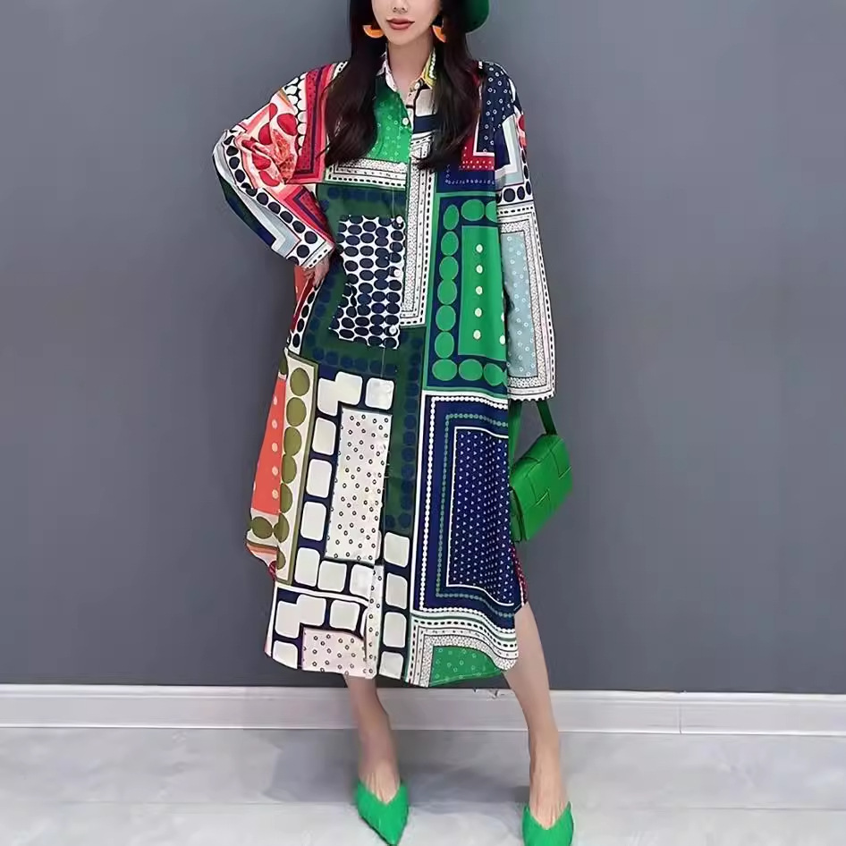 European Station 2024 Autumn New Dress Long Shirt Printed Long Sleeve Loose Large Size Fashionable Meat Covering Women's Fashion Trend