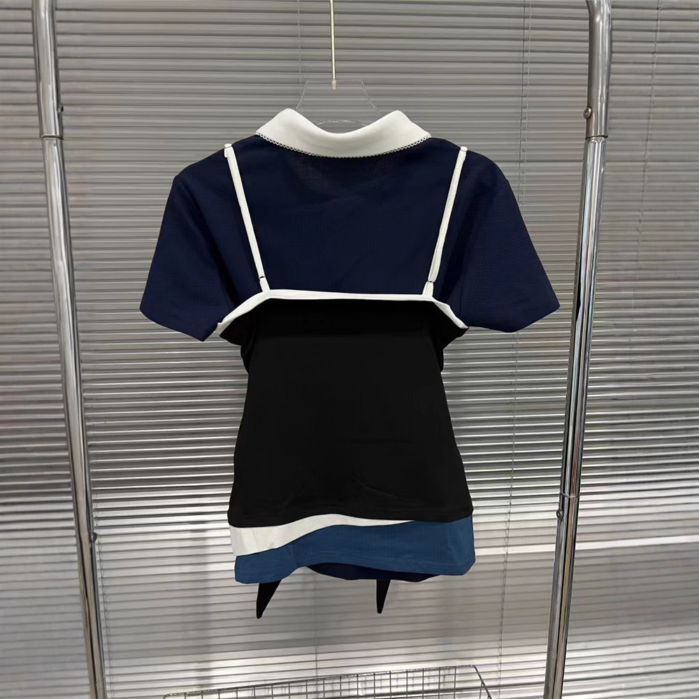European 2025 Spring/Summer New Style French Retro Color Contrasting Splicing Strap Top Women's Slimming Short Sleeve T-shirt Two Piece Set European 2025 Spring/Summer New Style French Retro Color Contrasting Splicing Strap Top Women's Slimming Short Sleeve T-shirt Two Piece Set