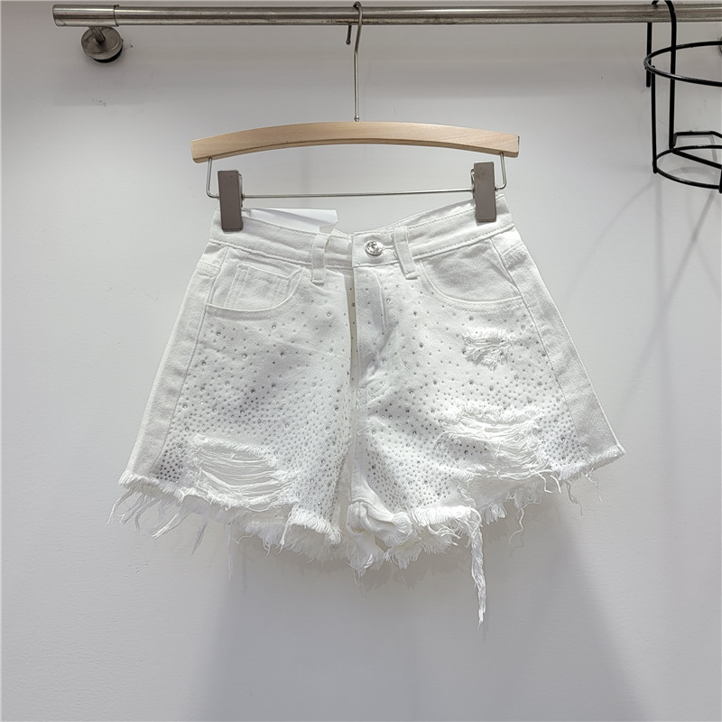 Broken hole denim shorts for women, 2023 new summer outfit, high waist slimming, heavy industry color hot stamping, spicy girl, wide leg hot pants Broken hole denim shorts for women, 2023 new summer outfit, high waist slimming, heavy industry color hot stamping, spicy girl, wide leg hot pants