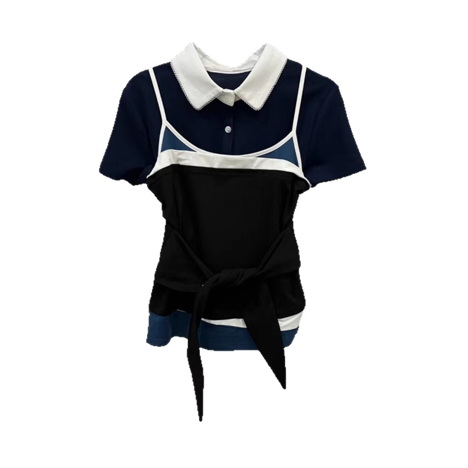 European 2025 Spring/Summer New Style French Retro Color Contrasting Splicing Strap Top Women's Slimming Short Sleeve T-shirt Two Piece Set European 2025 Spring/Summer New Style French Retro Color Contrasting Splicing Strap Top Women's Slimming Short Sleeve T-shirt Two Piece Set