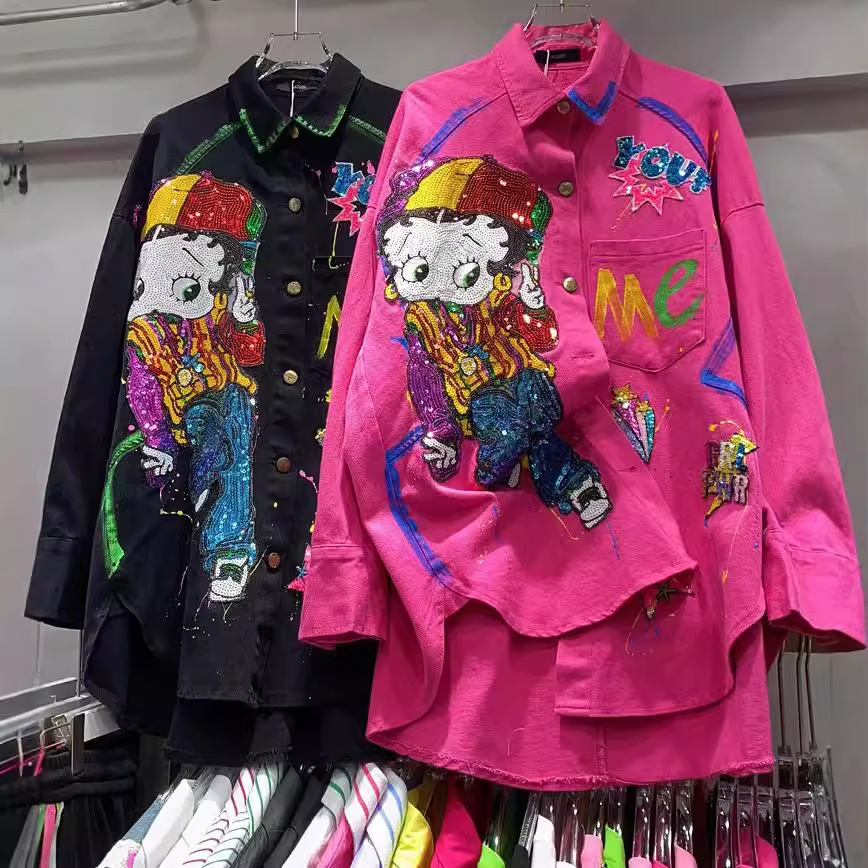 European aged denim jacket for women with a high-end feel, medium to long windbreaker, spring and autumn cartoon nail bead graffiti, western-style cardigan trend