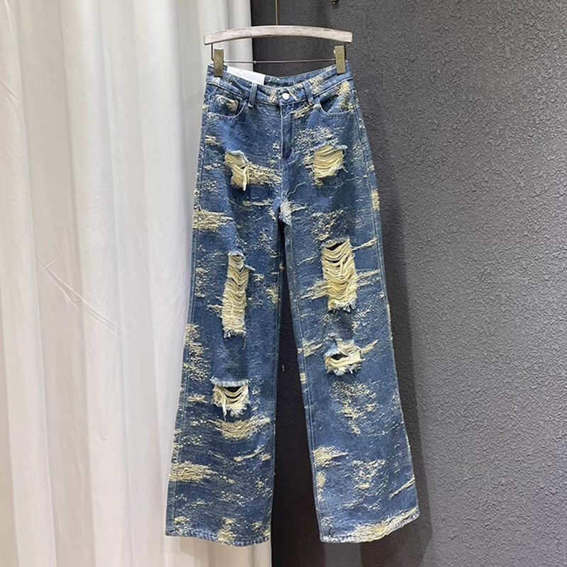 2025 new cool tie dye ripped casual jeans with high waist, loose fit, slimming effect, jacquard straight leg wide leg mop pants