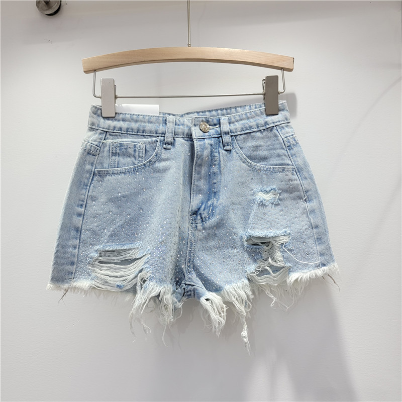 Broken hole denim shorts for women, 2023 new summer outfit, high waist slimming, heavy industry color hot stamping, spicy girl, wide leg hot pants Broken hole denim shorts for women, 2023 new summer outfit, high waist slimming, heavy industry color hot stamping, spicy girl, wide leg hot pants