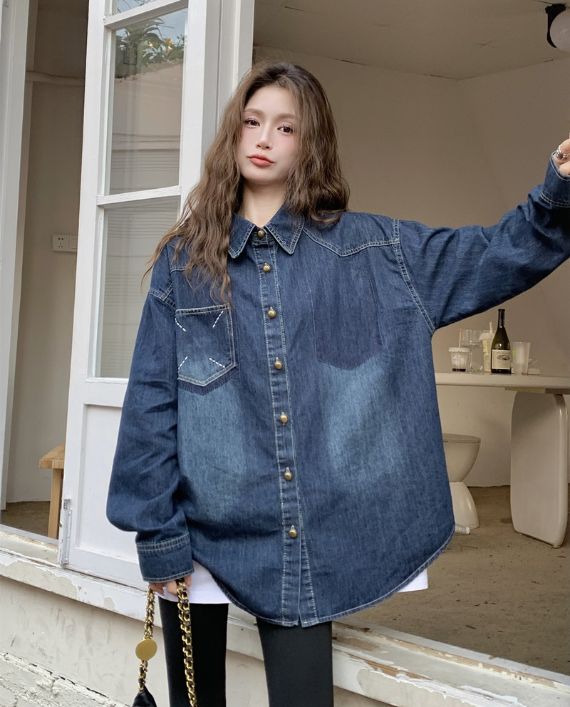 European Station 2023 Spring New European Goods Loose Large Edition Retro Contrast Denim Shirt Coat Women's Cross border Trendy Brand