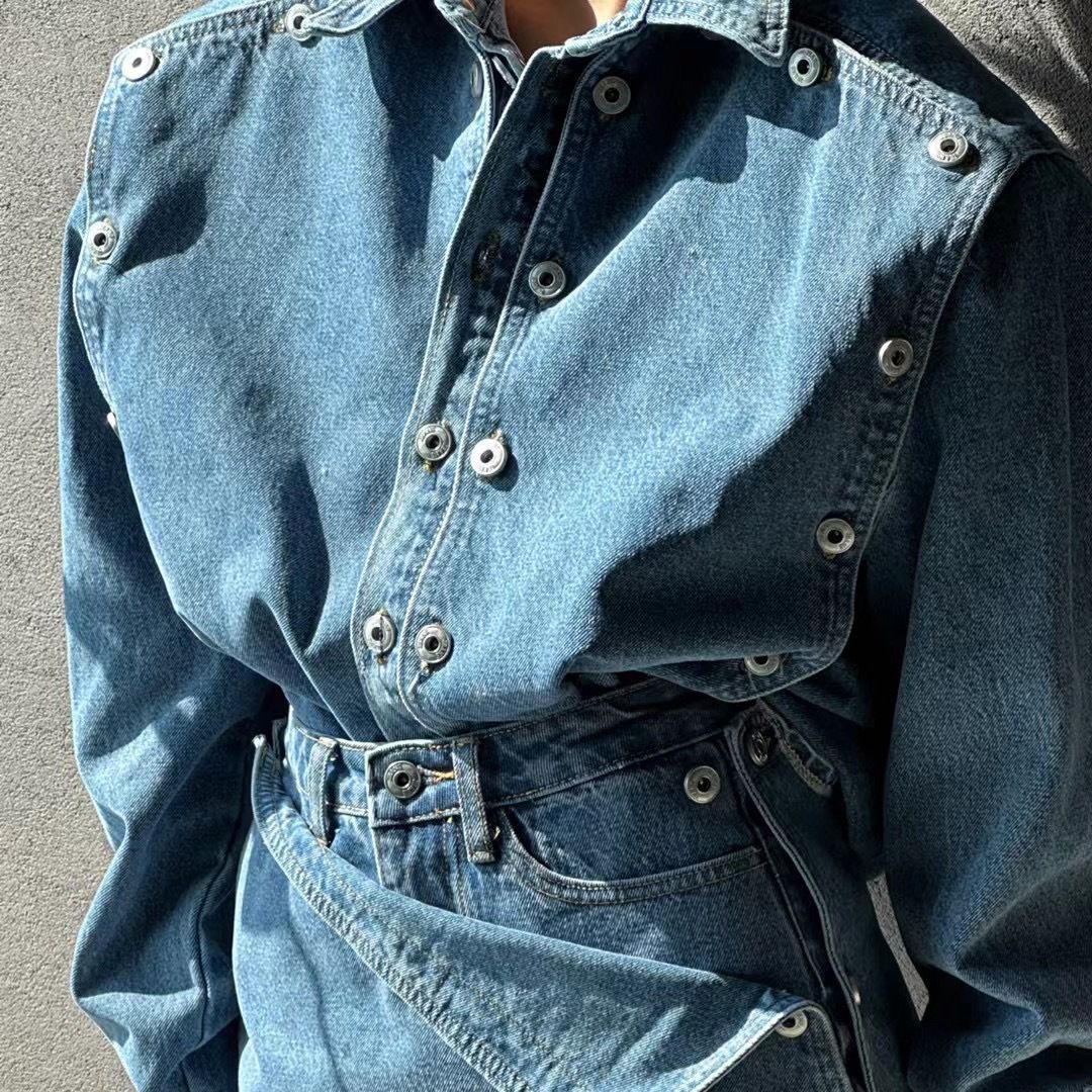 South Korea 2023 early autumn new loose heavy button detachable denim jacket high waist slimming skirt pants set for women's fashion South Korea 2023 early autumn new loose heavy button detachable denim jacket high waist slimming skirt pants set for women's fashion