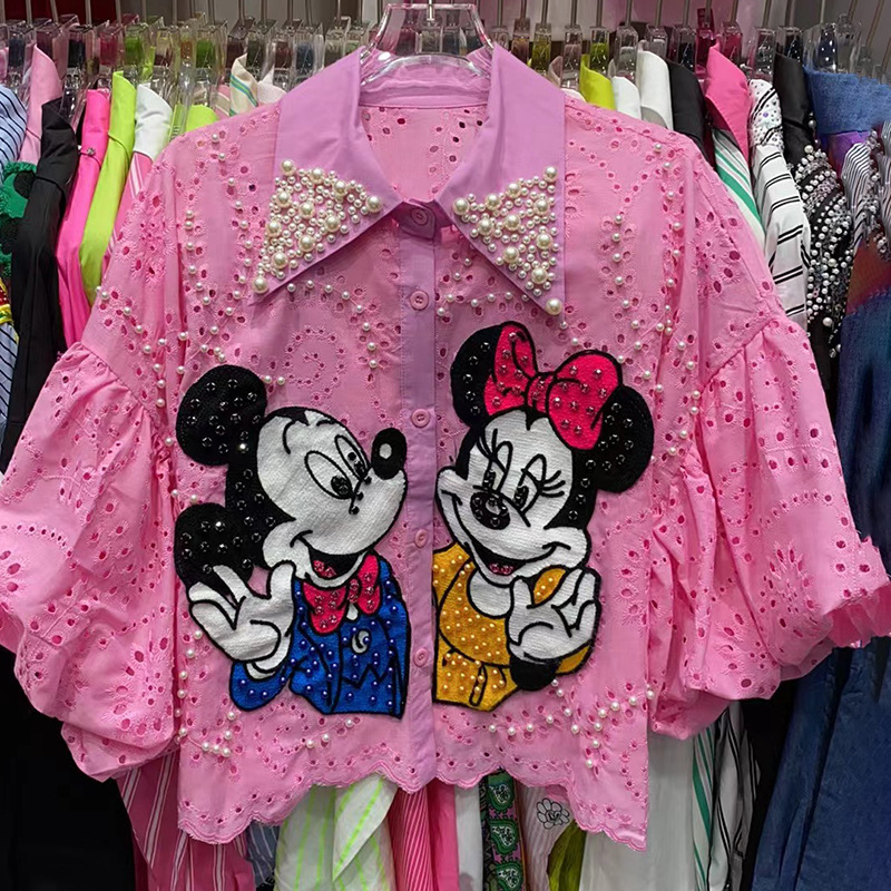 Nail bead splicing shirt for women's European station 2025 summer new loose flared sleeve heavy industry cartoon shirt trendy brand