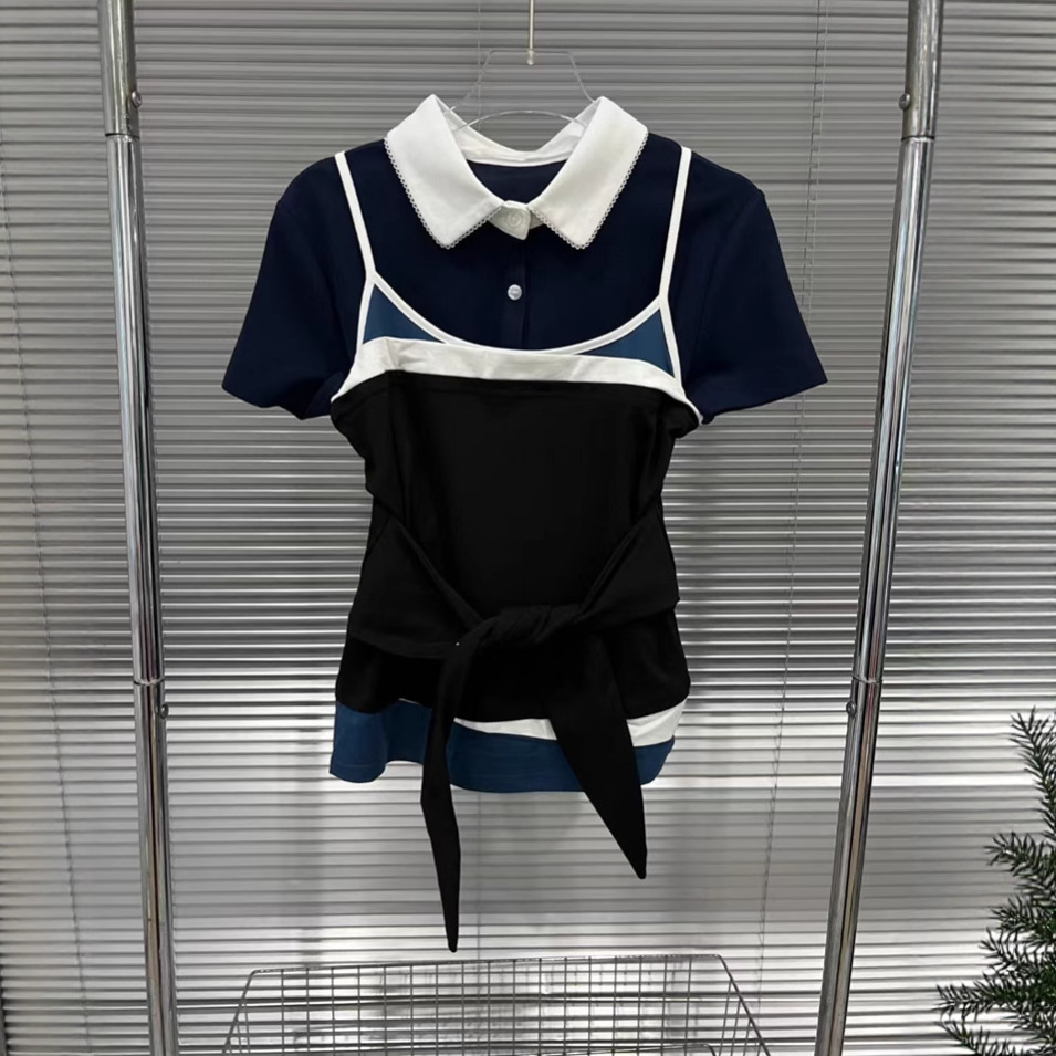 European 2025 Spring/Summer New Style French Retro Color Contrasting Splicing Strap Top Women's Slimming Short Sleeve T-shirt Two Piece Set