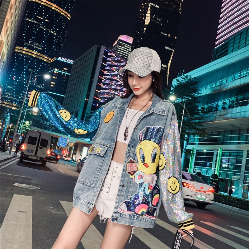 Thailand Chaopai Spring and Autumn 2022 New Korean version loose denim jacket women cartoon sequins stitching embroidery cross-border