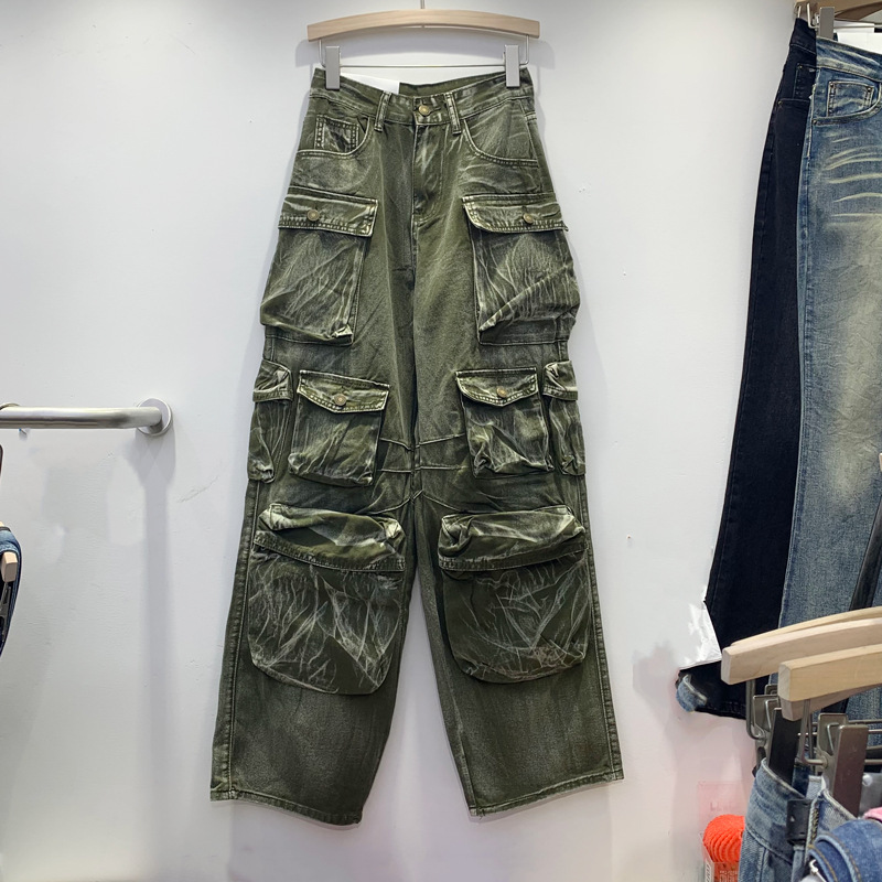 American retro 2023 autumn new straight leg pants loose pants heavy industry, large pocket workwear denim pants for women