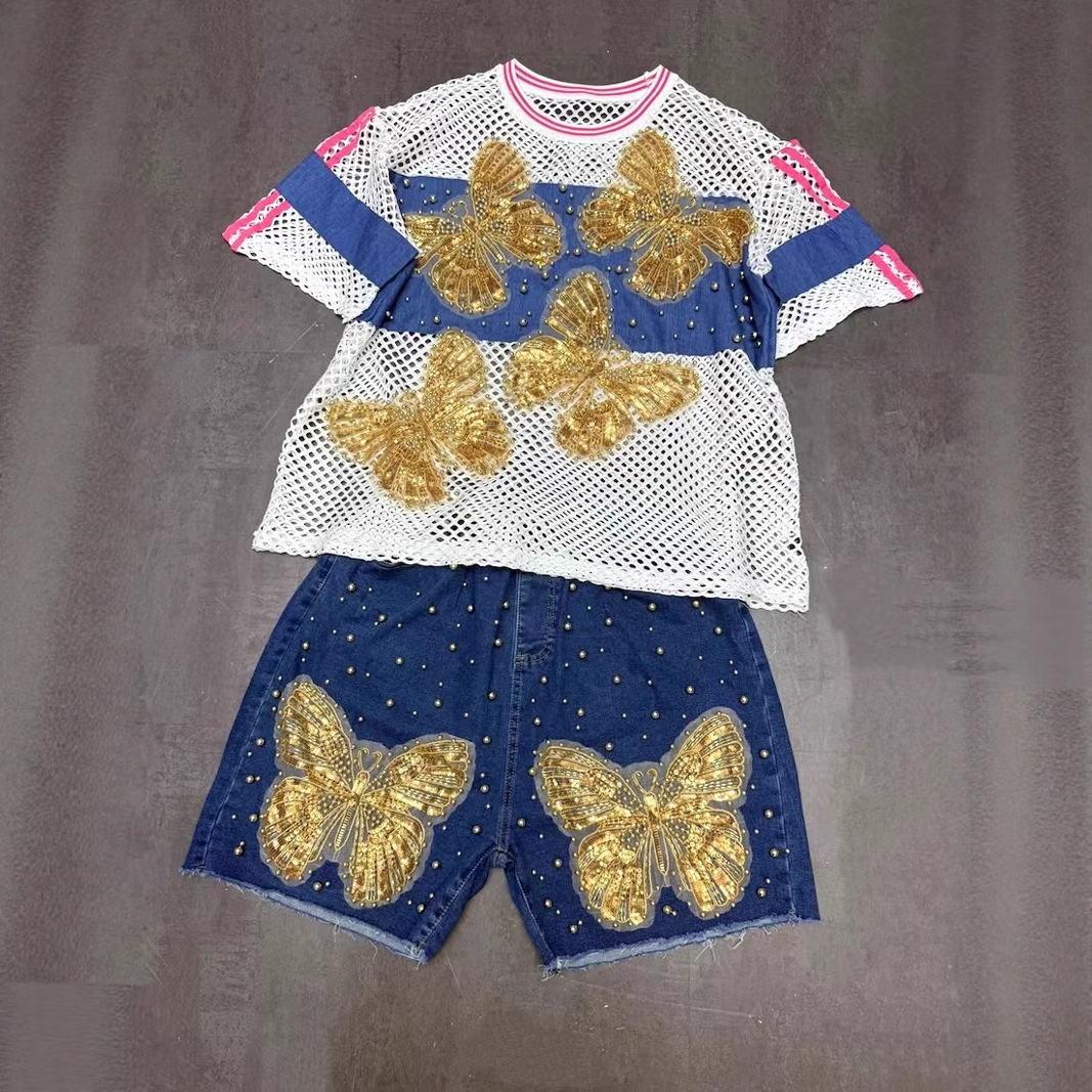 Niche Design Sense 2025 Summer New Women's T-shirt Loose Large Mesh Nail Diamond Flower Top Fashionable Aging Trend