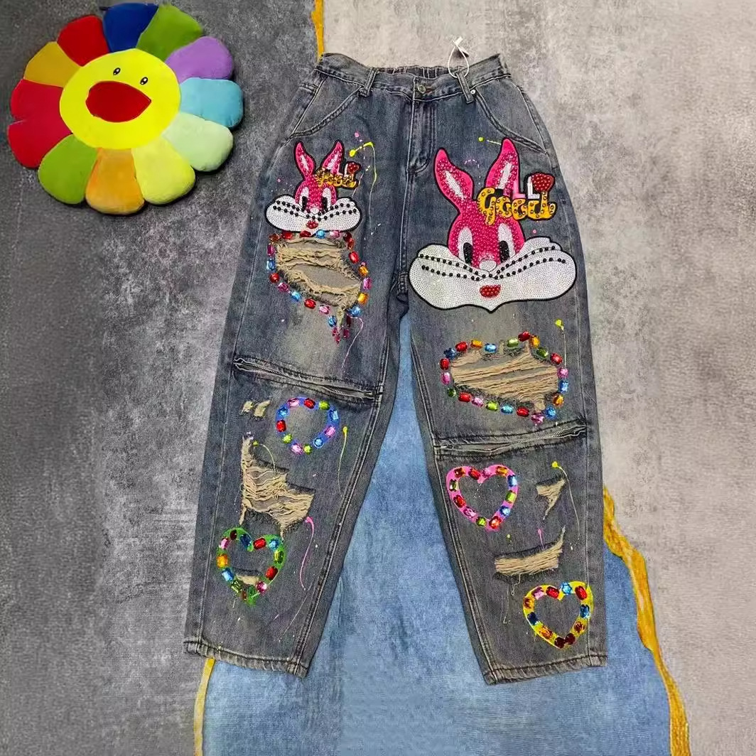 Thailand Chaopai 2024 Spring Summer Heavy Industry Beaded Jeans Women's Worn out Sequins Gem Hand Wash Pants