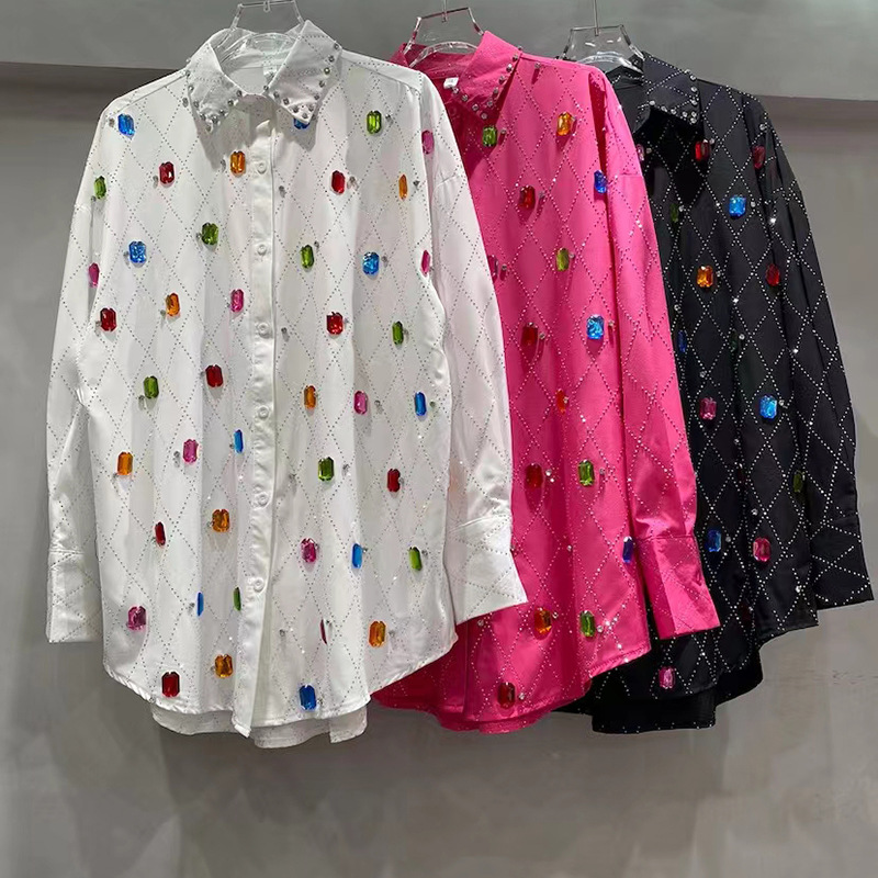 European Station 2025 Spring New Shirt Long Sleeve Nail Bead Loose Cute Age Reducing Casual Fashion Large Women's Shirt