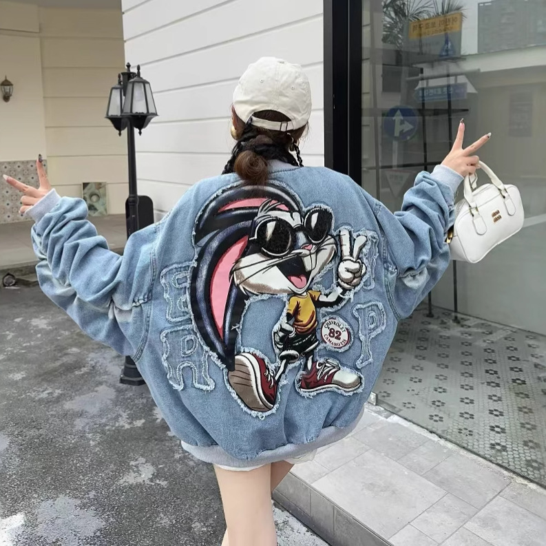 European 2025 Spring Edition Loose Medium to Long Size Large Edition Color blocked Embroidered Baseball Jacket Cowboy Jacket Women's Trendy Brand