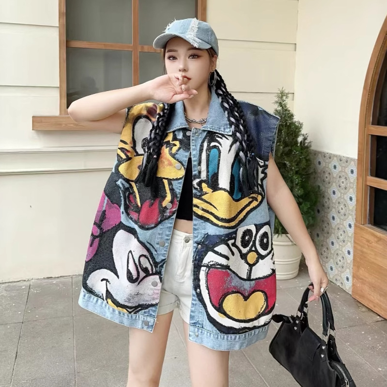 Thailand Chaopai Spring Summer 2025 New Loose Large Edition Heavy Industry Embroidery Sequins Cartoon Denim Vest Women's Top