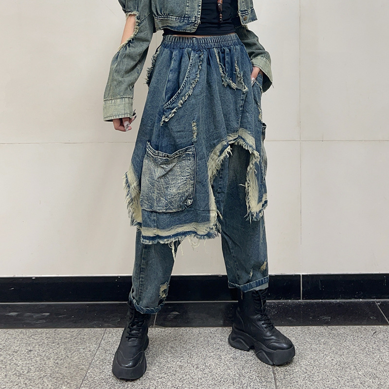 Street fashion brand 2024 autumn new personalized hip-hop jeans for women with elastic waist and loose pockets, hanging crotch pants Street fashion brand 2024 autumn new personalized hip-hop jeans for women with elastic waist and loose pockets, hanging crotch pants