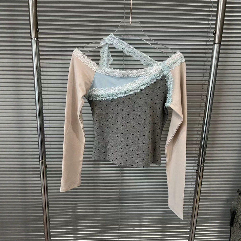 European Station 2025 Spring/Summer New American Spicy Girl Style Slim Fit and Versatile Lace Splicing Long Sleeve T-shirt for Women's Trendy