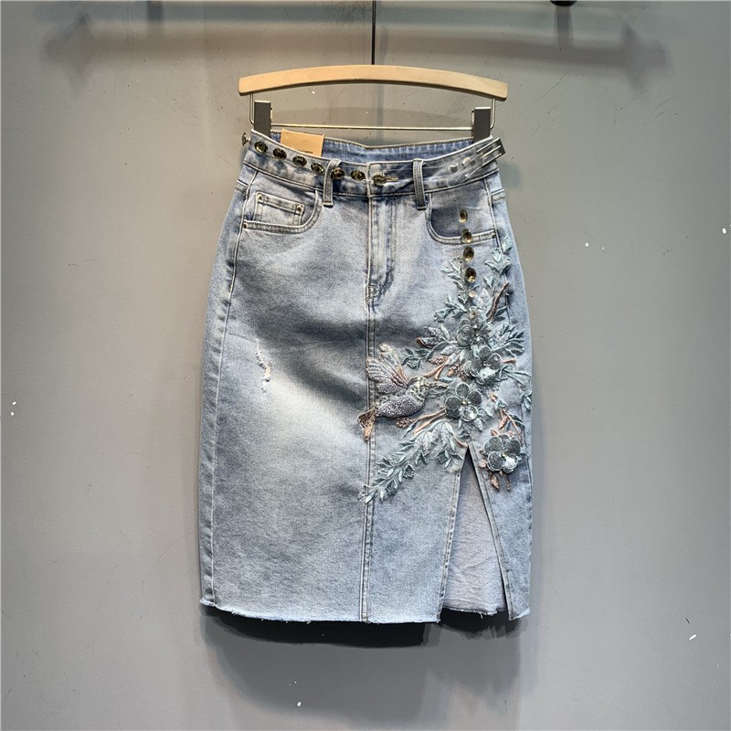 Original 2024 Summer New Heavy Crafted Embroidered Flower Denim Skirt Light Blue Split Retro Middle Skirt