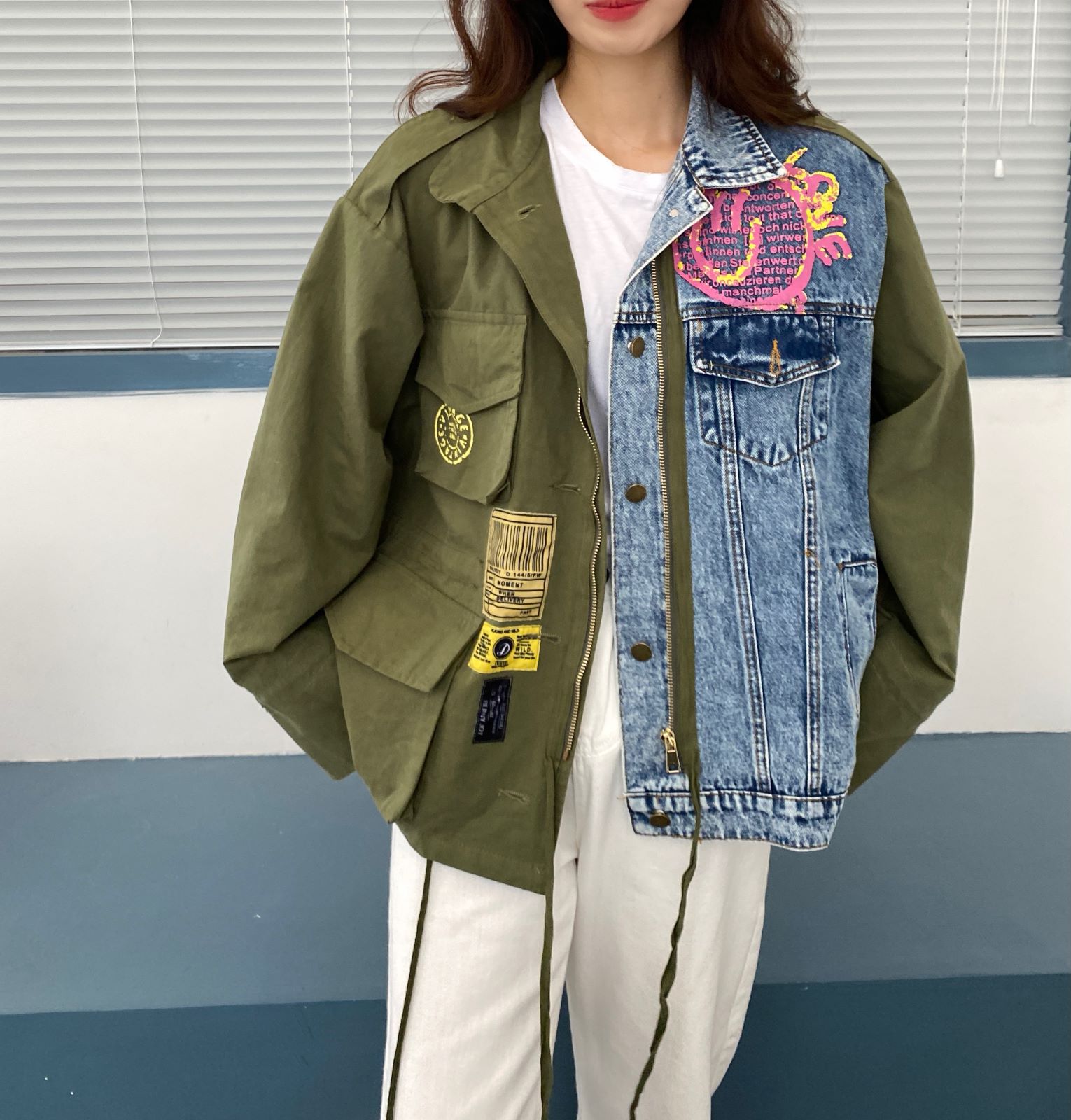 Thailand Trendy Brand 2023 Spring and Autumn New Print Fashion Versatile Loose Splice Contrast Denim Coat Women's Top