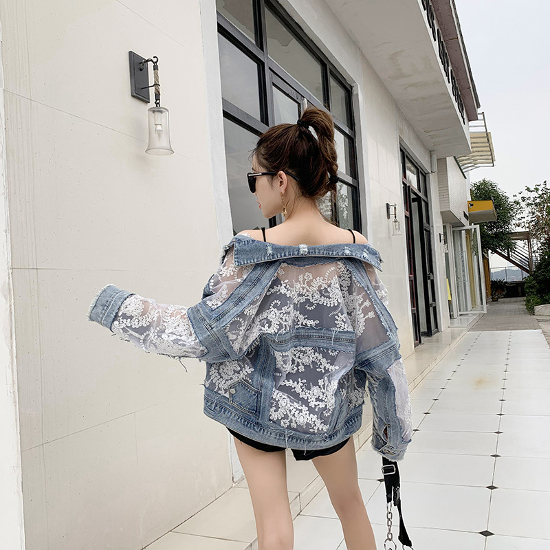 Cowboy jacket women's spring and autumn loose Korean version BF short jacket 2021 new versatile see through lace denim jacket