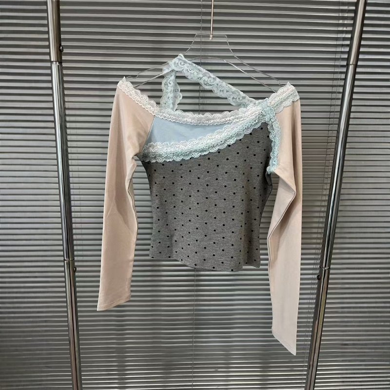 European Station 2025 Spring/Summer New American Spicy Girl Style Slim Fit and Versatile Lace Splicing Long Sleeve T-shirt for Women's Trendy European Station 2025 Spring/Summer New American Spicy Girl Style Slim Fit and Versatile Lace Splicing Long Sleeve T-shirt for Women's Trendy