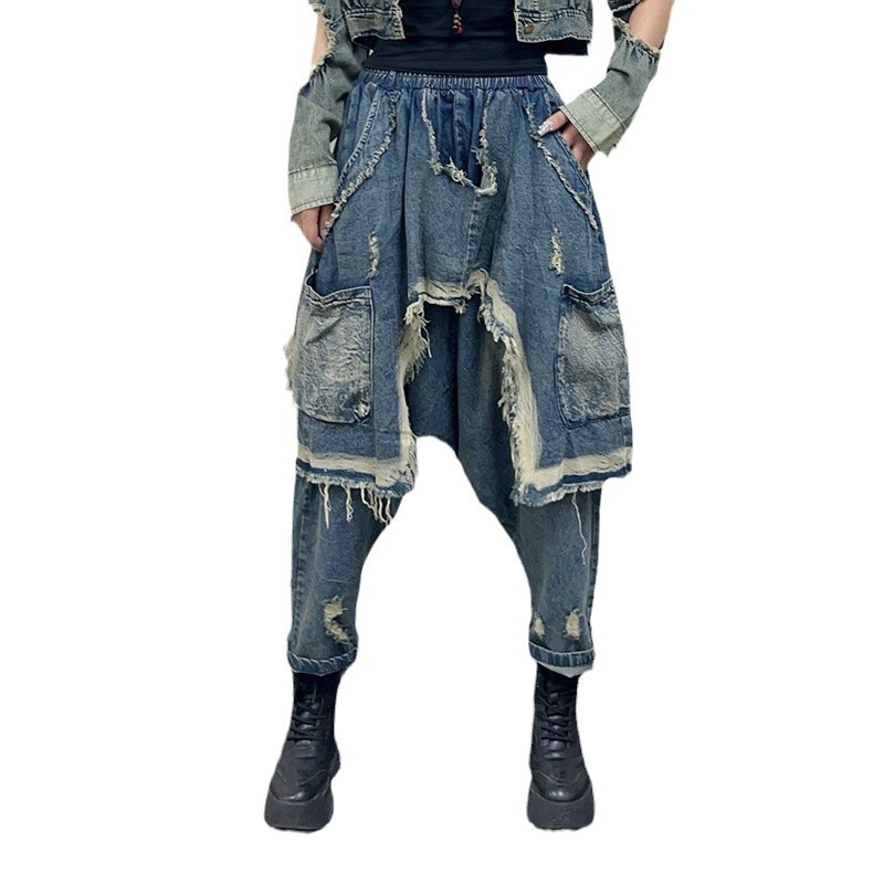 Street fashion brand 2024 autumn new personalized hip-hop jeans for women with elastic waist and loose pockets, hanging crotch pants Street fashion brand 2024 autumn new personalized hip-hop jeans for women with elastic waist and loose pockets, hanging crotch pants