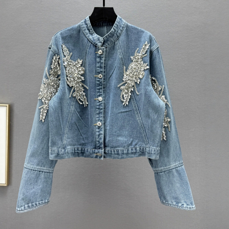 Thailand Fashion Brand Spring and Autumn 2025 New Products Heavy Industry Diamond inlaid Denim Coat Women's Loose Slim Stand Collar Long Sleeve Top
